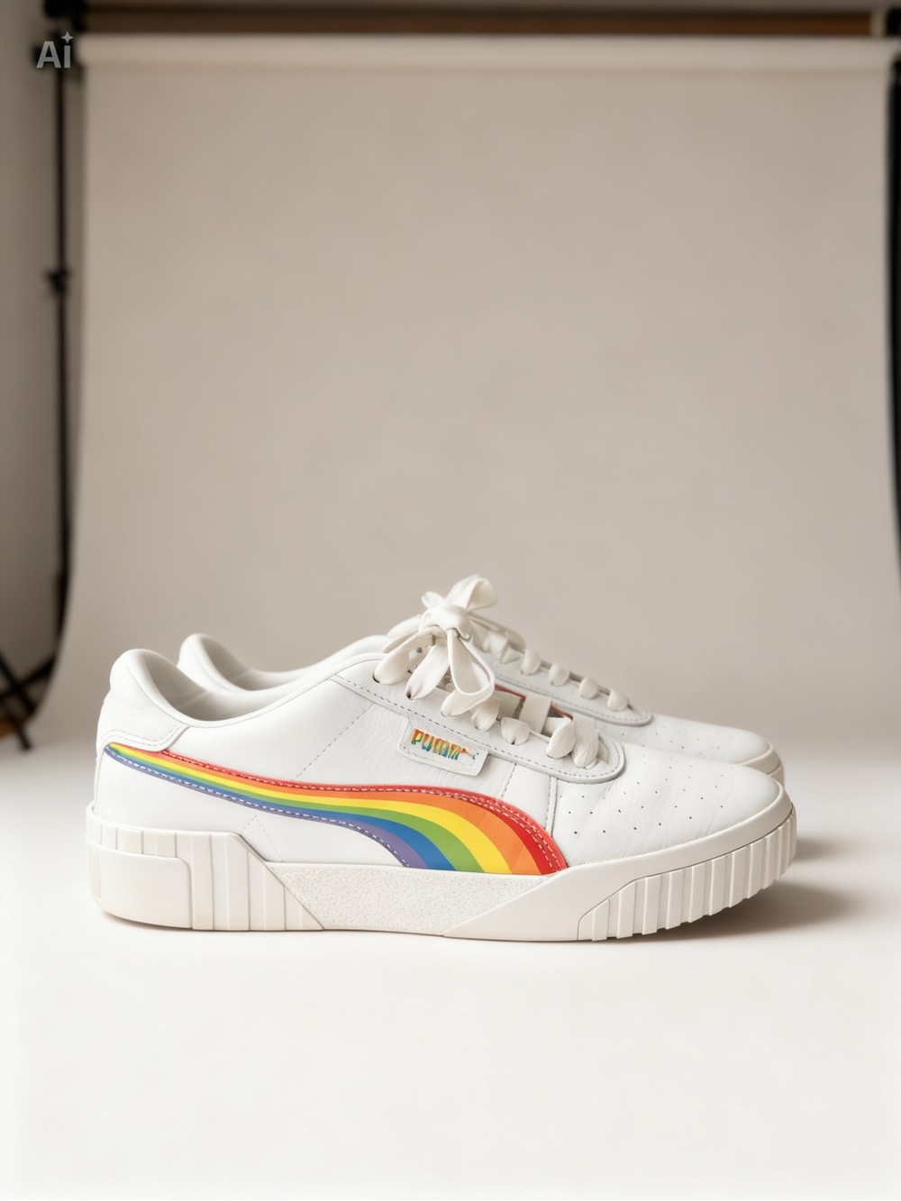 Puma White Sneakers with Rainbow Wave Detail (Cali Star Rainbow)